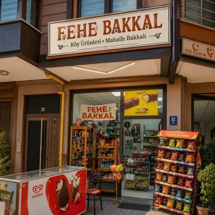 FEHE Bakkal’ın Üçbaş Caddesi’ndeki dükkânı: kiremit rengi tabela, kapı önünde dondurma dolabı ve cips standı