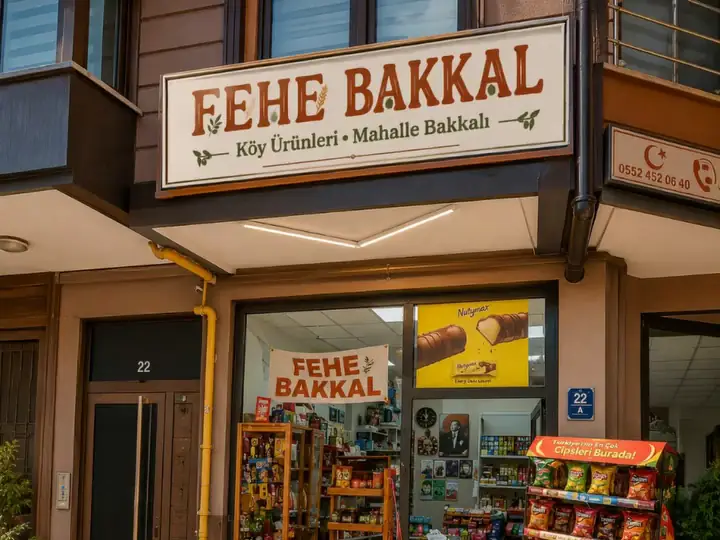 FEHE Bakkal’ın Üçbaş Caddesi No:22’deki cephesi ve kiremit rengi tabelası